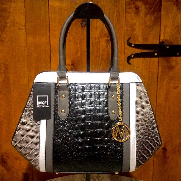 NWT MKF Black Faux Croco Leather Colorblock Satchel